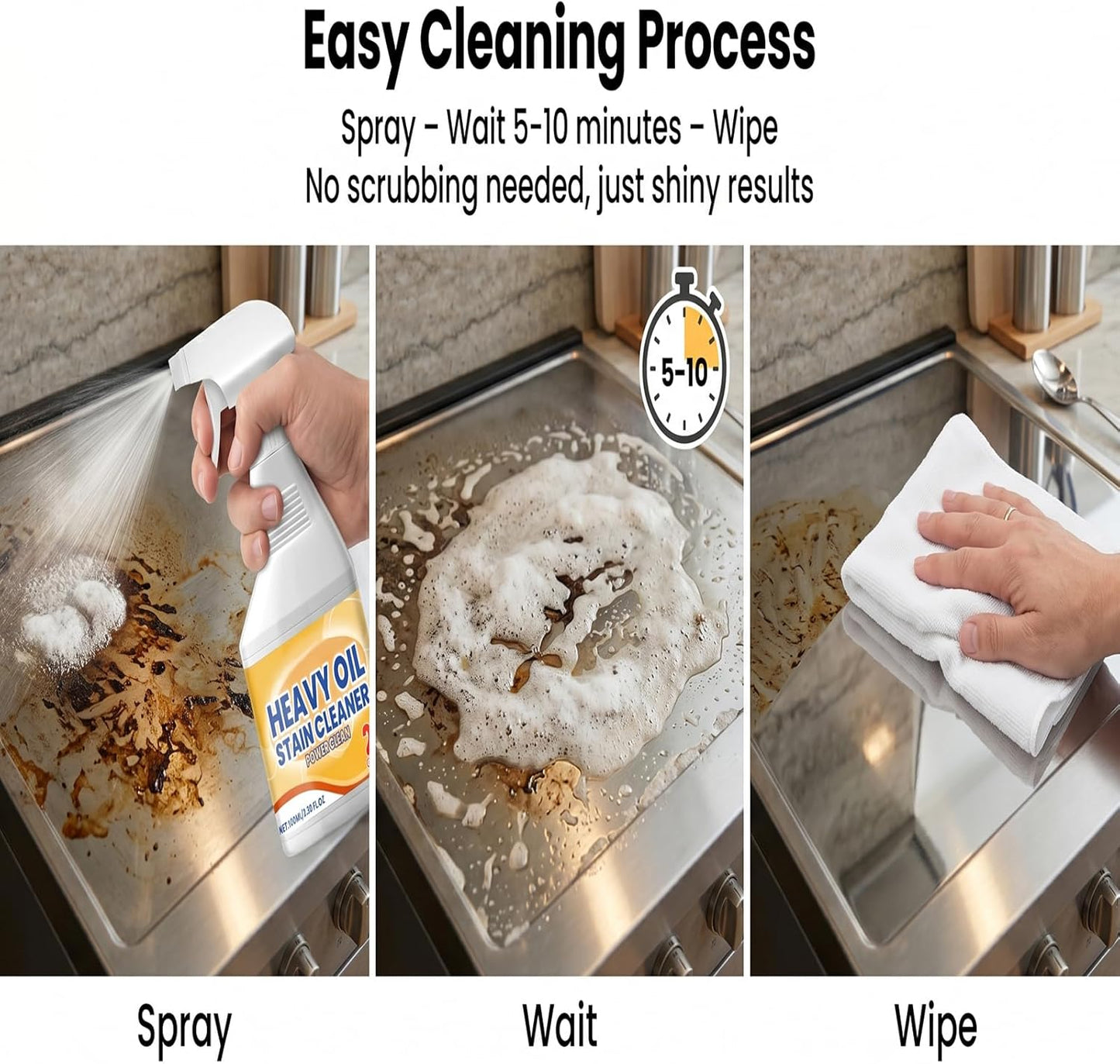 Heavy Duty Kitchen Degreaser Spray, Powerful Cleaner for Stubborn Oil Stains, Grease Remover for Stovetops, Countertops, Ovens & Grills, 2 PCS