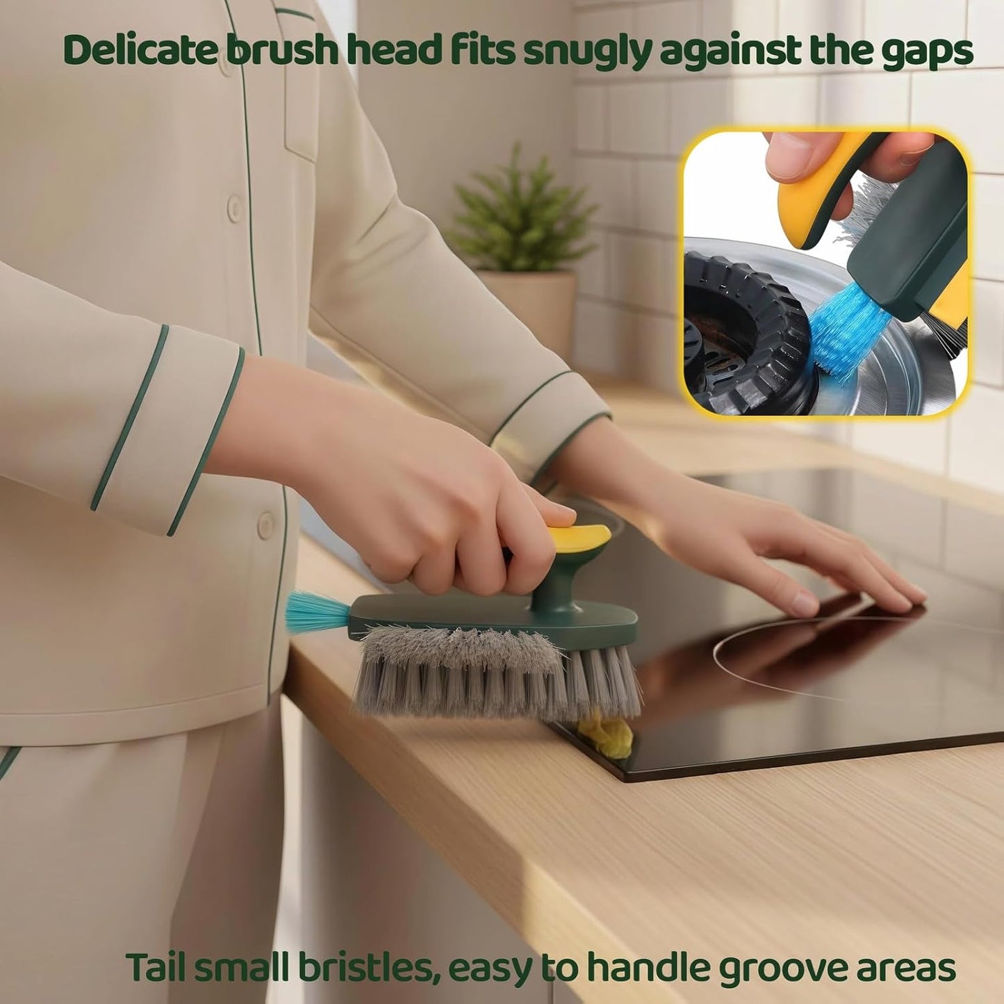 Multifunctional Tile Grout Cleaning Brush with V-Shaped Bristles, 180° Rotating Head, Rubber Wiper Strip, Green and Yellow