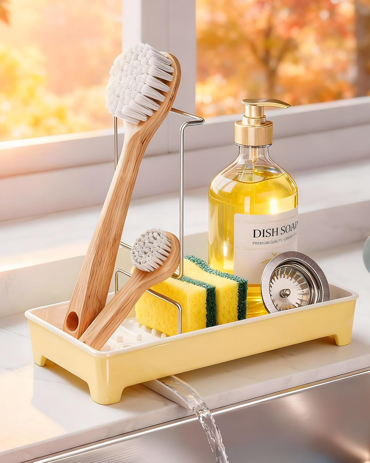 Minimalist Sink Caddy, Rustproof Sponge Holder for Kitchen Sink with 304 Stainless-Steel Brush Holder, Countertop Rack Organizer with Raised Ridges & Silicone Drain Tube (Mint Green, Large)