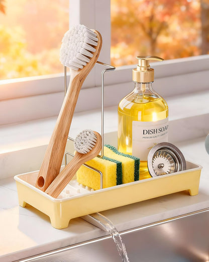 Minimalist Sink Caddy, Rustproof Sponge Holder for Kitchen Sink with 304 Stainless-Steel Brush Holder, Countertop Rack Organizer with Raised Ridges & Silicone Drain Tube (Mint Green, Large)