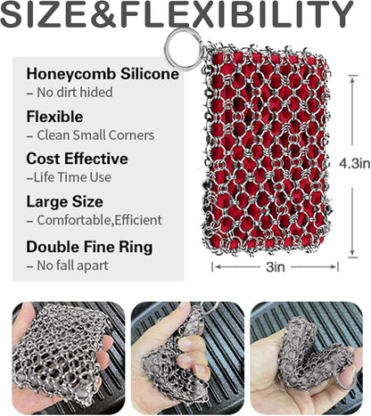 Herda Chain Mail Cast Iron Cleaner Scrubber,316 Chainmail Pan Scrubber Metal Cleaning Brush, Pad, Sponge Scraper to Clean Skillet,Dutch Oven, Wok,Grill Griddle,Chain Link Scrub Brush Pot Care Kit