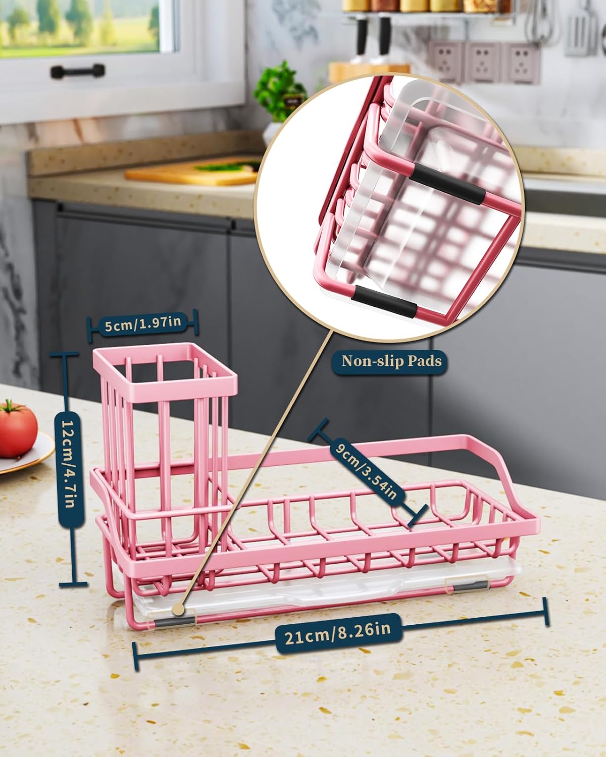 Consumest Sink Caddy, Kitchen Sponge Holder with Dish Brush Holder, Kitchen Organizer with Drip Tray for Countertop, Stainless Steel Rustproof - Silver