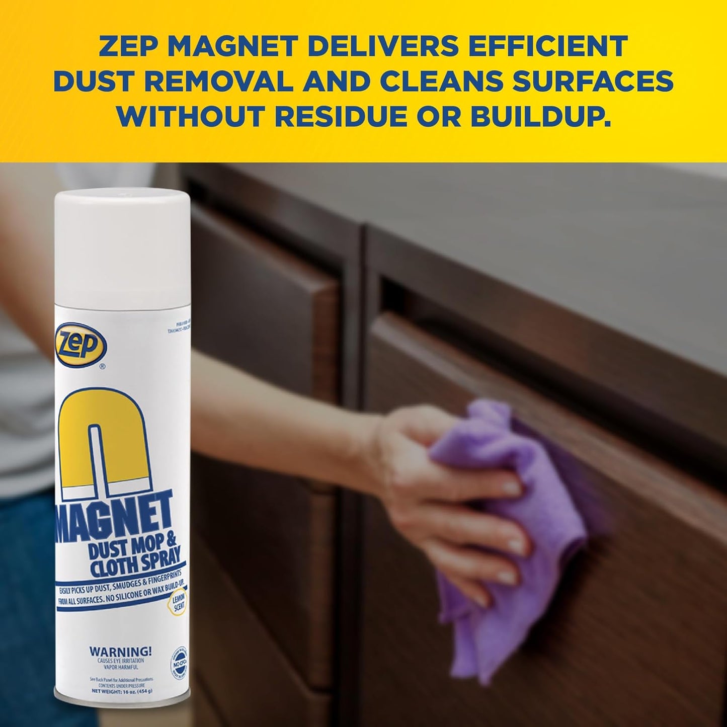 Zep Magnet Dust Mop and Cloth Spray - 16 Oz (Pack of 1) 8001 - Dusting Spray for Mops and Cloths, Removes Dust Smears and Fingerprints, No Buildup or Slippery Film, Lemon Scent