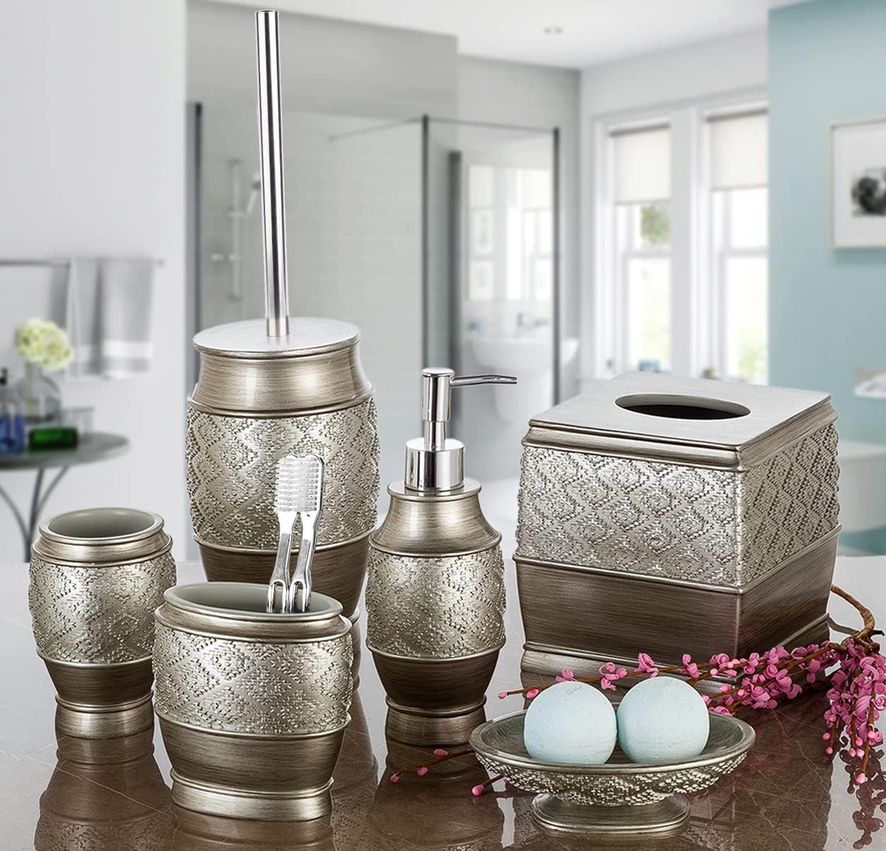 Creative Scents Rustic Luxe Toilet Brush and Holder Set - Beige Toilet Bowl Cleaner Brush with Strong Metal Handle - Long Bristles Toilet Bowl Brush and Holder - Rustic Farmhouse Decor