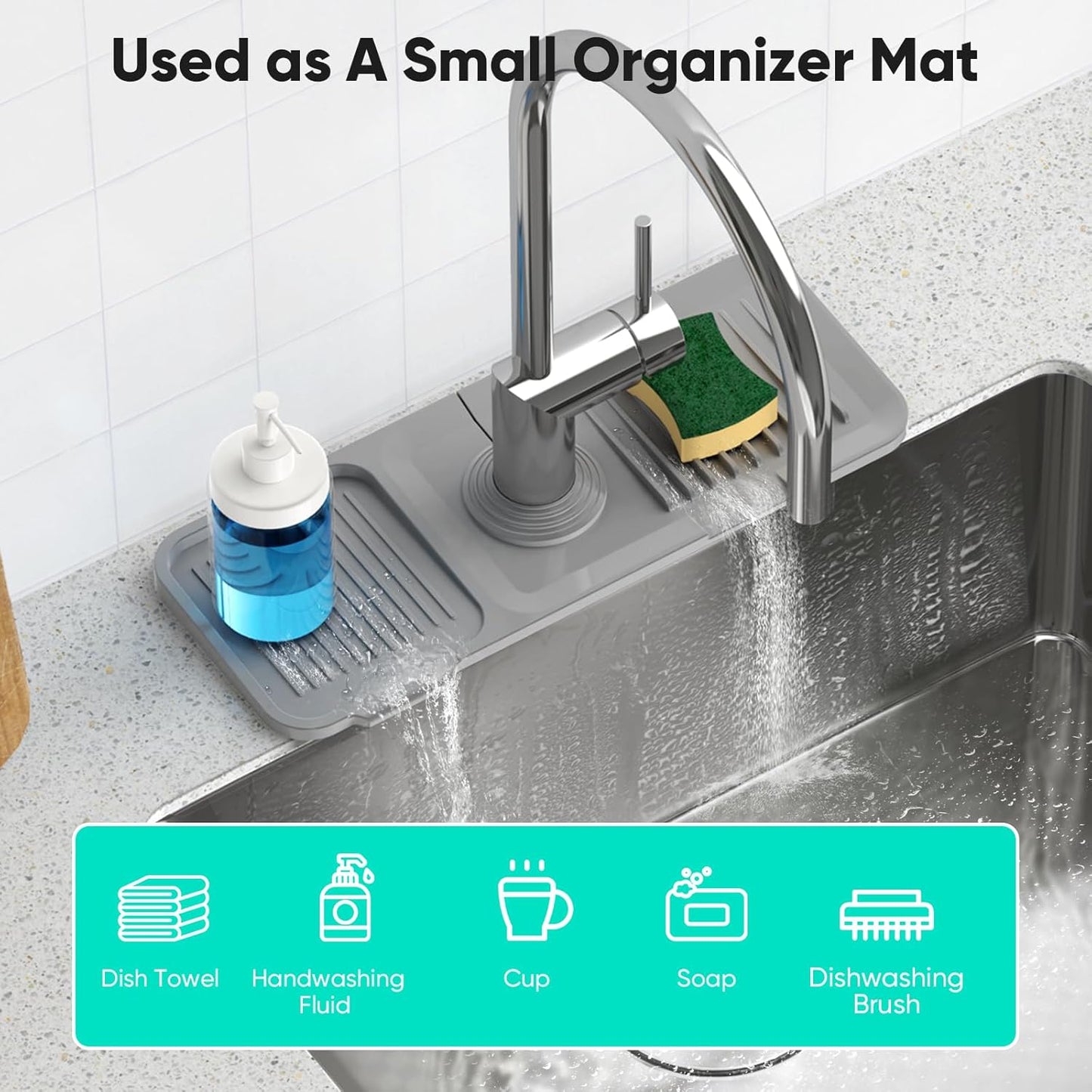 24 Inch Longer Faucet Mat for Kitchen Sink, 5° Slope Fast Self-draining, Kitchen Sink Splash Guard Silicone Sink Faucet Mat Splash Guard Kitchen Sink Area Tidy Splash Faucet Guard Draining Mat