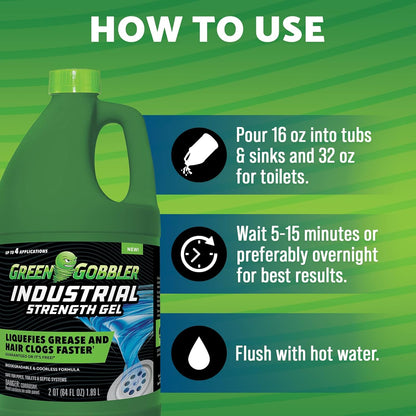 Green Gobbler Industrial Strength Grease and Hair Drain Clog Remover | Drain Cleaner Gel | Safe for Pipes, Toilets, Sinks, Tubs, Drains & Septic Systems | 64 fl. oz.