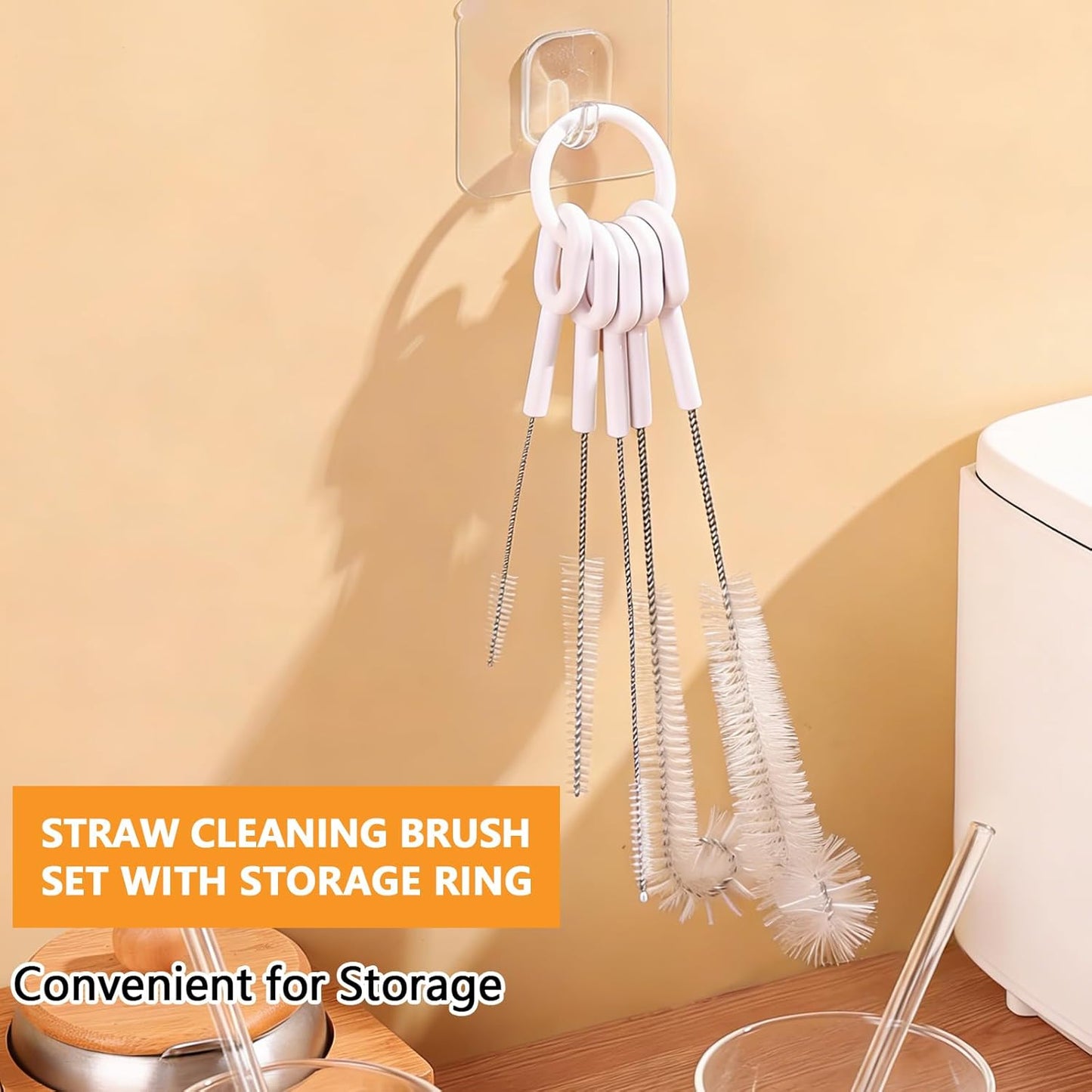 Straw Cleaner Brush Set, 5 Pcs Multi-Size Flexible Cleaning Brushes with Holder Ring, Long Pipe Cleaners for Reusable Straws, Water Bottles, Tumblers and Sippy Cups, White