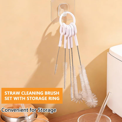 Straw Cleaner Brush Set, 5 Pcs Multi-Size Flexible Cleaning Brushes with Holder Ring, Long Pipe Cleaners for Reusable Straws, Water Bottles, Tumblers and Sippy Cups, White