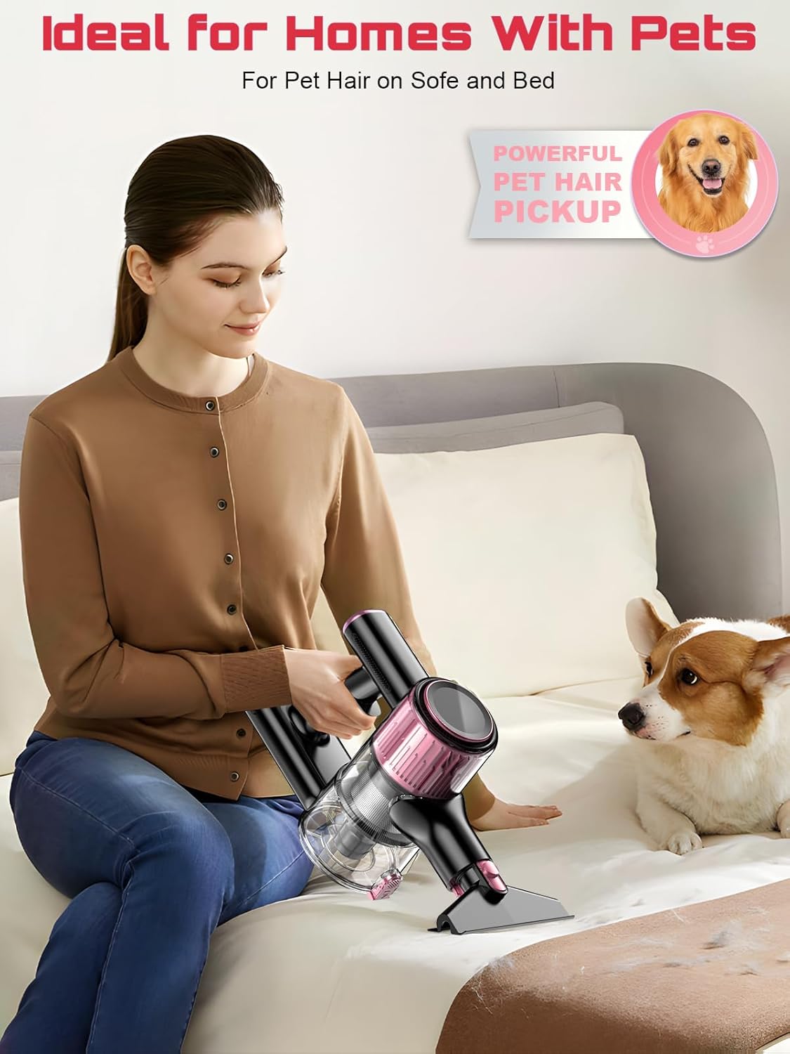Cordless Vacuum Cleaner, 10 in 1 Stick Vacuum with Powerful Suction, Hose, Green LED Light, Anti-Tangle Brush, Lightweight Rechargeable Vacuum Cleaner for Home, Hardwood Floors,Pet Hair (Purple)