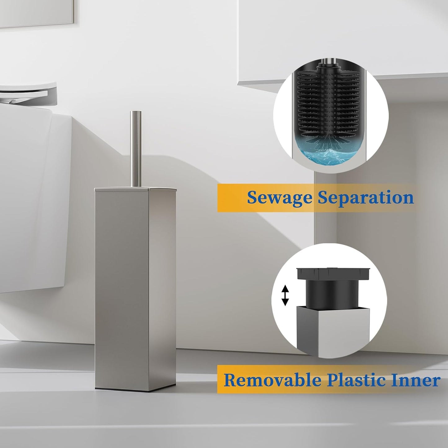 RUACQ Toilet Brush and Holder Set,Square Toilet Bowl Brush for Bathroom with 304 Stainless Steel Handle Toilet Cleaner Brush with Durable Scrubbing Bristles,Splash-Proof (White)