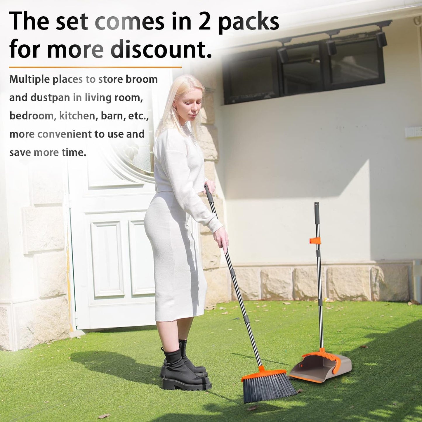 2-Pack is More economical,Brooms with Dustpan Combo Set， with 52" Long Handle, Dustpan Teeth with self-Cleaning Function, Indoor and Outdoor Sweeping, Perfect for Home Office (Large/Red /2-Pack)