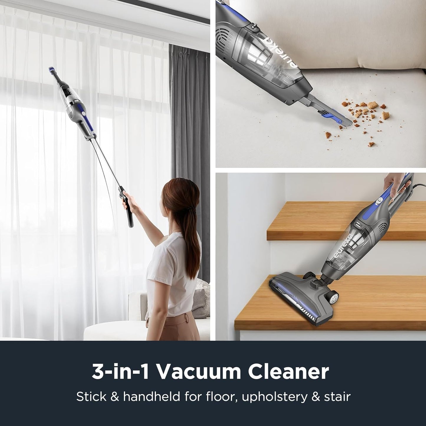 Eureka Blaze Stick Vacuum Cleaner, Powerful Suction 3-in-1 Small Handheld Vac with Filter for Hard Floor Lightweight Upright Home Pet Hair, Dark Black
