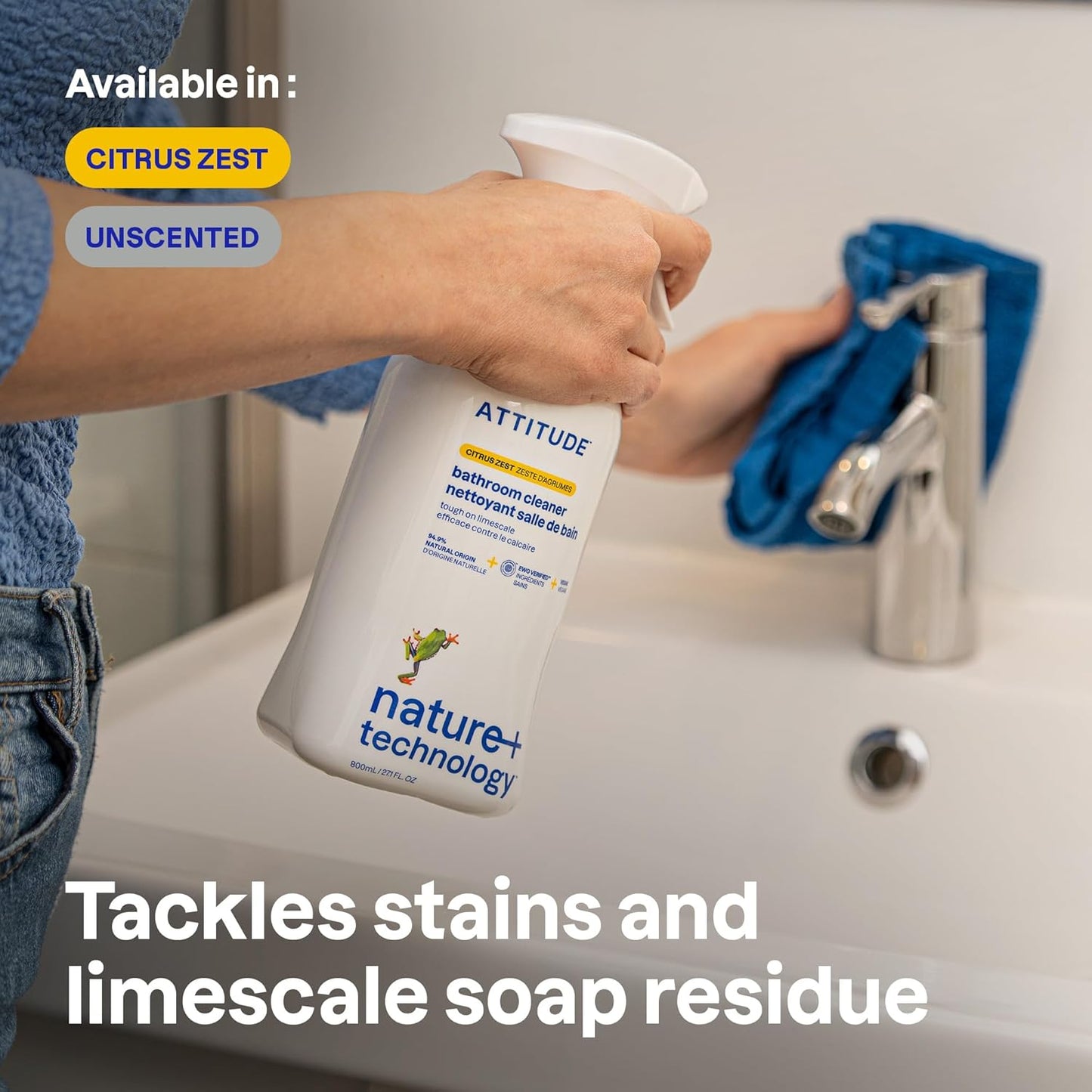 ATTITUDE Bathroom Cleaner Spray, Natural Origin Ingredients, EWG Verified, Eliminates Soap Scum, Limescale, Streak Free, Lemon & Rosewood, 26 Fl Oz