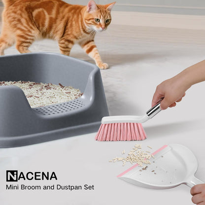 NACENA Mini Broom and Dustpan Set, Small Dust Pan and Brush Set with Handle Dustpan Teeth for Cleaning Hair Suitable for Office Desks Drawers Sofas Outdoor Camping, Light & Purple