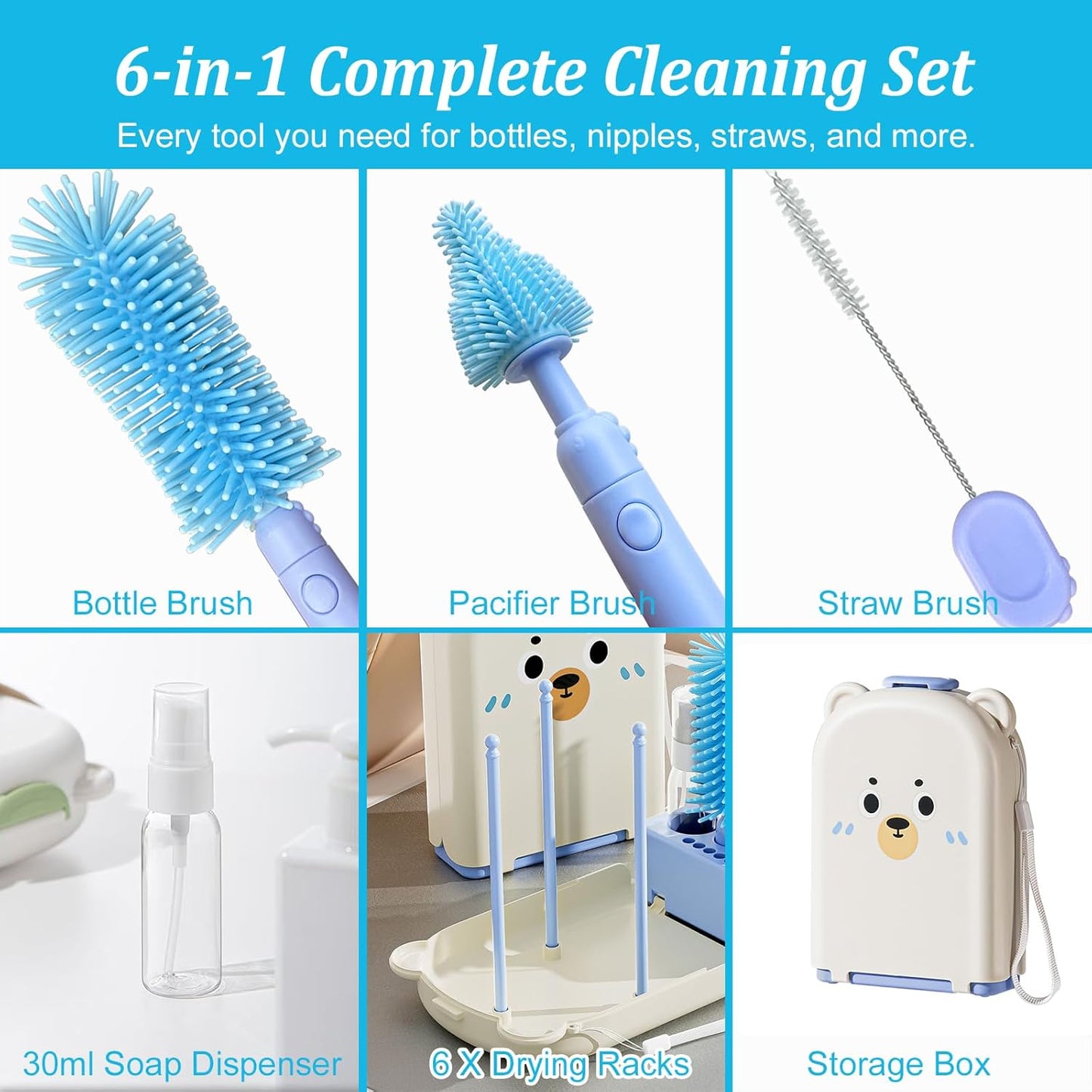 Pink Travel Baby Bottle Cleaner Kit – 6-in-1 Portable Brush Set with Drying Rack & Storage Case | Baby Travel Essentials for Flying, Newborn Bottle Cleaning & Breast Pump Parts On-The-Go