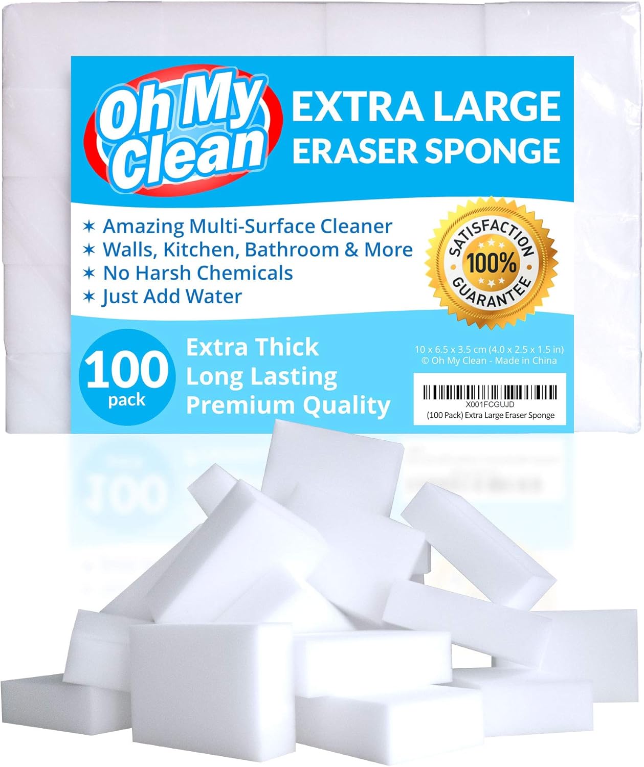 (100 Pack) Extra Large Eraser Sponge – Extra Thick, Long Lasting Magic Melamine Cleaning Sponges in Bulk – White Foam Pads for Walls, Kitchen, Bathroom, Floor & Baseboard Cleaner