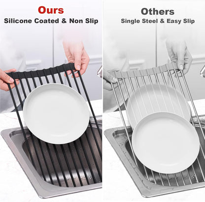 MERRYBOX Triangle Roll Up Dish Drying Rack Over The Sink, 2025 Anti-Rust Sink Drying Rack with Full Silicone Wrapped for Top of Corner, Anti-Slip Organizer for Kitchen