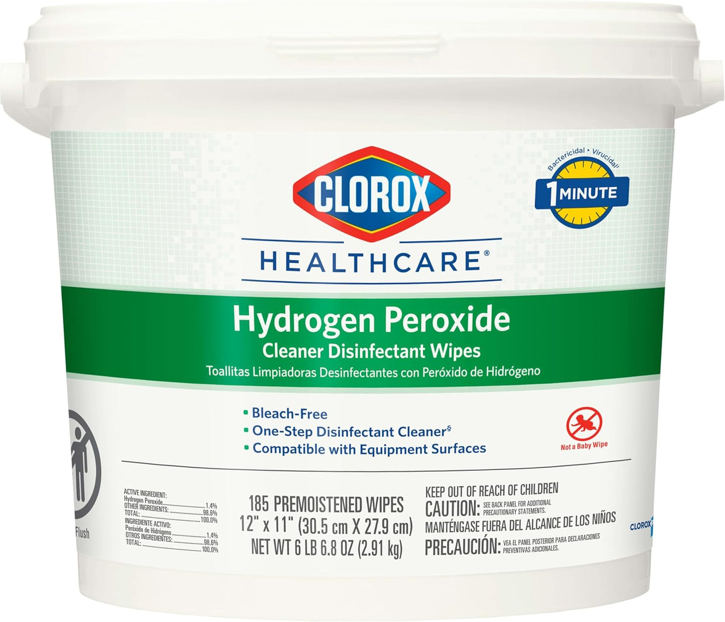 Clorox Healthcare Hydrogen Peroxide Cleaner Disinfectant Wipes, 12" x 11", Bucket, 185 Count (Package May Vary)