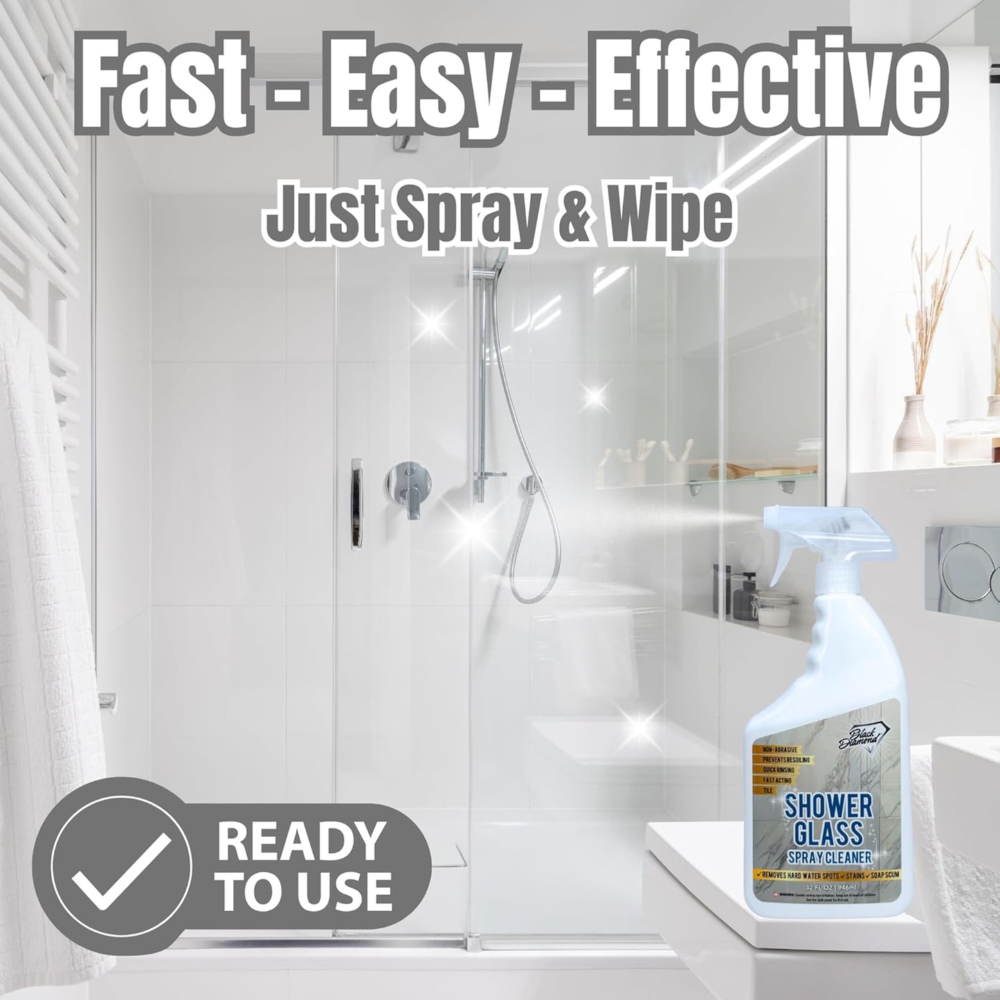 Black Diamond Stoneworks Shower Glass Cleaner – Professional Strength Shower Door & Tile Spray - Removes Hard Water Stains, Soap Scum & Water Spots, Non-Abrasive, Prevents Resoiling (32oz)