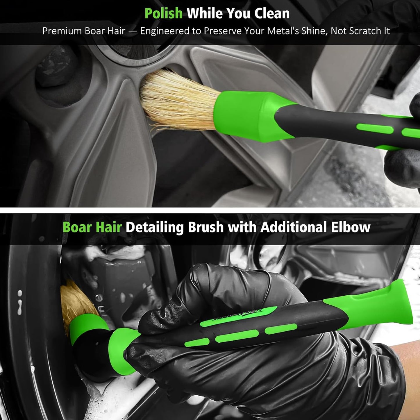 YeewayVeh 8PCS Ultimate Wheel and Tire Brush Kit | 2-Size 360° Bendable Rim Brushes, Boar Hair Detailing Brush, Tire Shine Applicators & Microfiber Towel | Complete Scratch-Free Cleaning & Shining Set