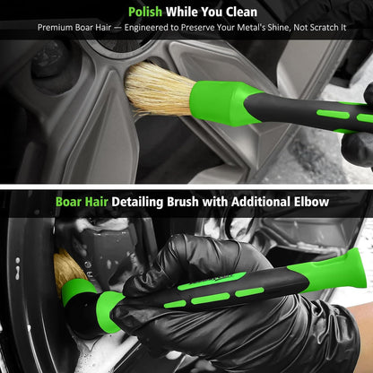 YeewayVeh 8PCS Ultimate Wheel and Tire Brush Kit | 2-Size 360° Bendable Rim Brushes, Boar Hair Detailing Brush, Tire Shine Applicators & Microfiber Towel | Complete Scratch-Free Cleaning & Shining Set