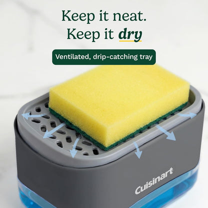 Cuisinart 2-in-1 Dish Soap Dispenser with Sponge Holder and Sponge for Kitchen Sink – Soap Pump Organizer Set with Tray, Countertop Caddy for Dishes, Dishwashing Liquid Dispenser, Sink Essentials