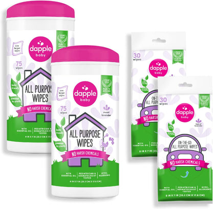 Dapple Baby All Purpose Cleaning Spray and All Purpose Wipes - (2 Pack) 16.9 fl oz Bottle - 30 Cleaning Wipes Total - Fragrance-Free, Hypoallergenic & Plant-Powered - Baby Essentials