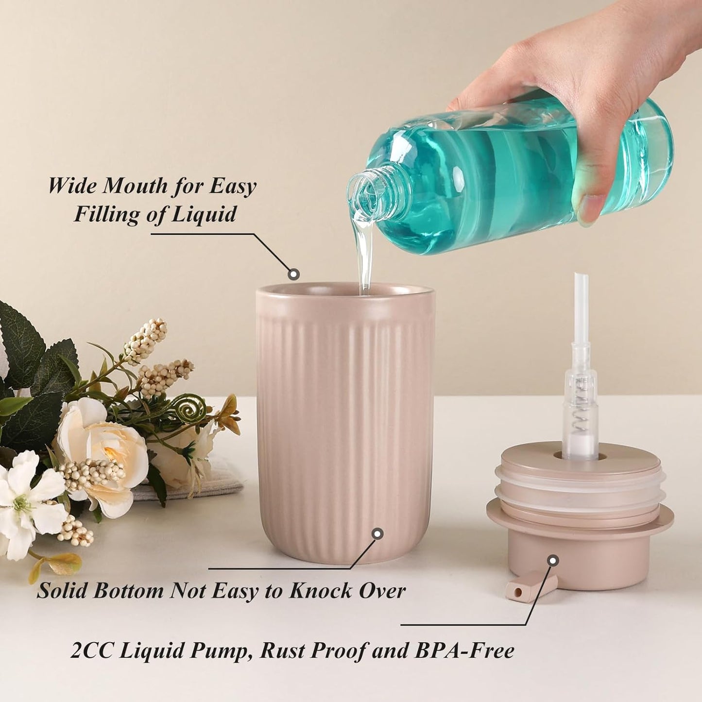 BosilunLife Dish Hand Soap Dispenser - Liquid Pump Soap Dispenser for Bathroom Decro 12oz Ceramic Kitchen Dish Dispenser with Rust-Proof Liquid Pump Modern Refillable Lotion Bottles
