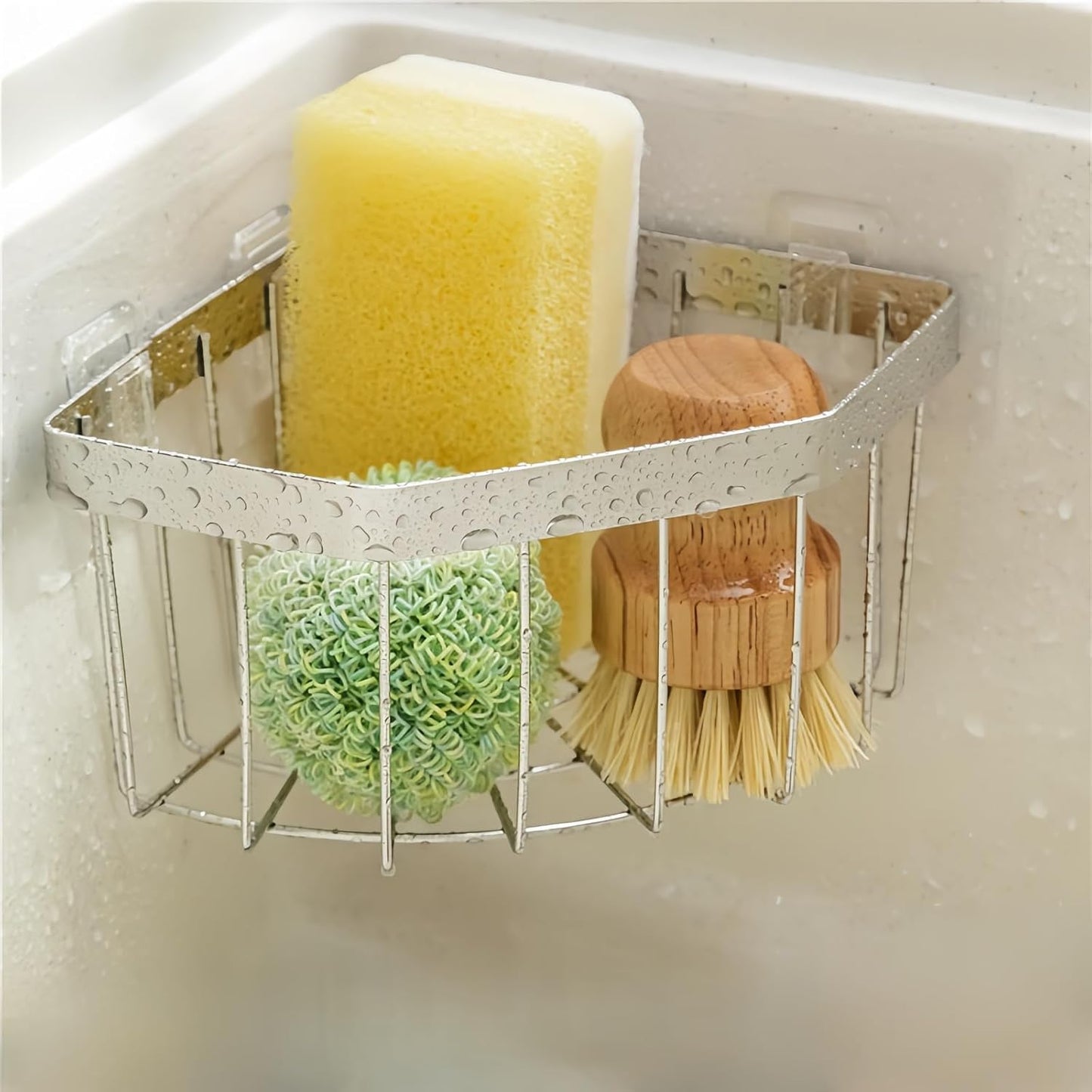 Wall Mounted Sink Caddy Organizer, Carbon Steel Kitchen Sponge Holder with 2 Adhesive Hooks, Triangular Drain Rack, 5.27x5.27x3.54 Inch (Grey)