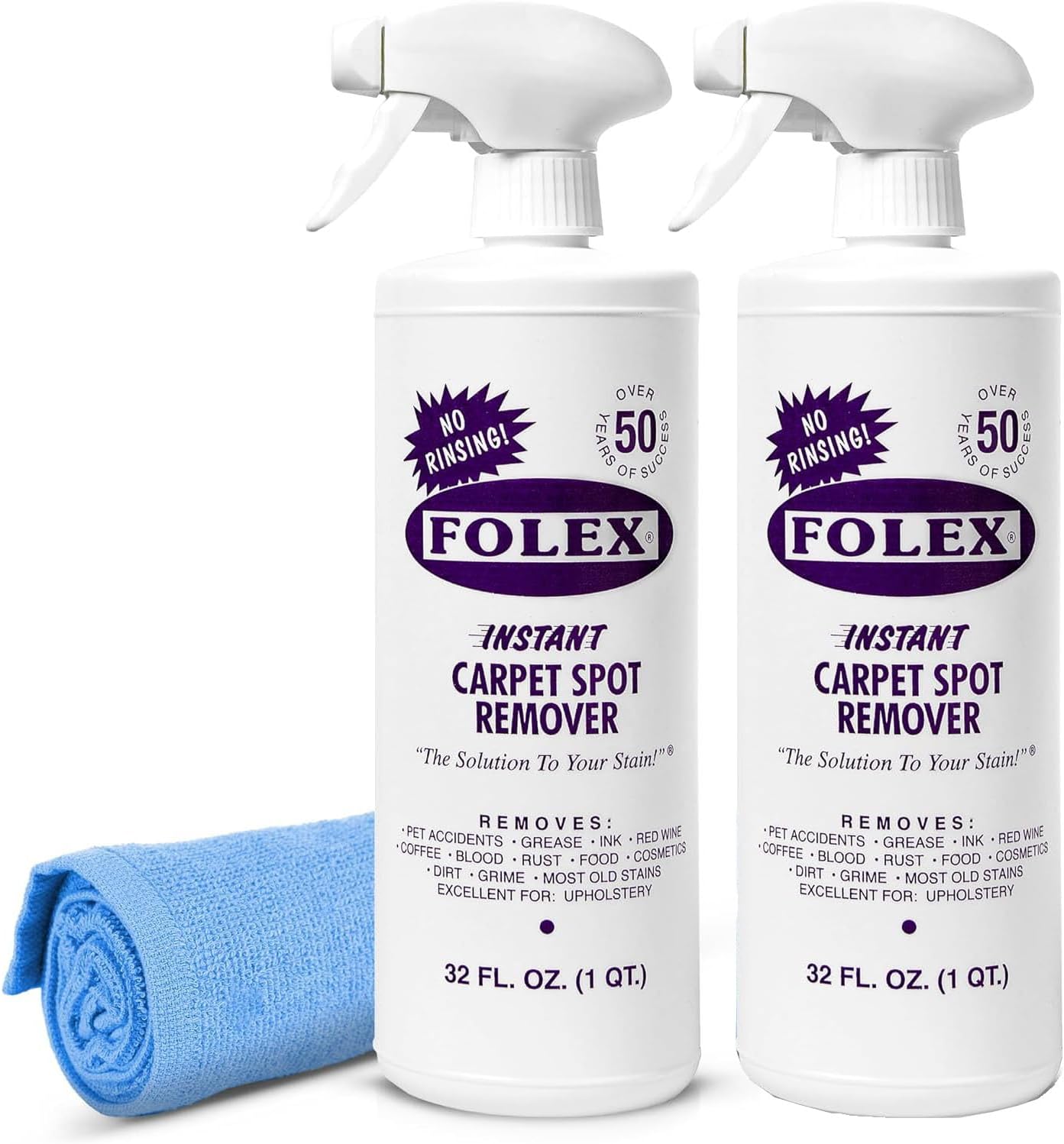 FOLEX Instant Carpet Spot Remover 32 oz – Powerful Stain Remover for Carpets, Upholstery & Rugs – Eliminates Pet Stains, Grease, Red Wine, Food, Makeup & More – With Reusable Cleaning Cloth – 1 Pack