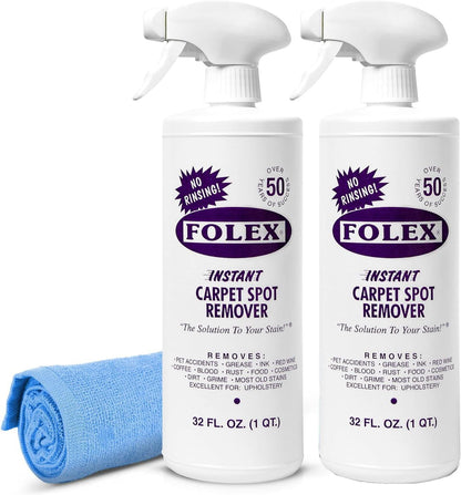 FOLEX Instant Carpet Spot Remover 32 oz – Powerful Stain Remover for Carpets, Upholstery & Rugs – Eliminates Pet Stains, Grease, Red Wine, Food, Makeup & More – With Reusable Cleaning Cloth – 1 Pack