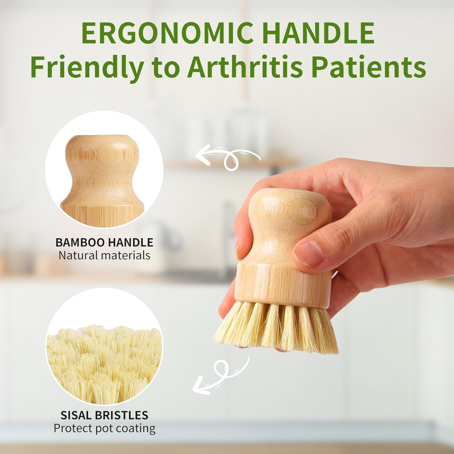 4 Pack Bamboo Dish Brush, Dish Scrubber Brush with Sisal Bristle, Natural Scrub Brush for Kitchen Cleaning Dishes, Pots, Pans, Bottles, Vegetables