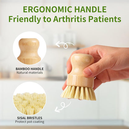 4 Pack Bamboo Dish Brush, Dish Scrubber Brush with Sisal Bristle, Natural Scrub Brush for Kitchen Cleaning Dishes, Pots, Pans, Bottles, Vegetables
