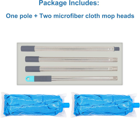 EaseYourDay Screw On Microfiber String Mop, One Stainless Steel Pole + Two Blue Microfiber Cloth Mop Heads