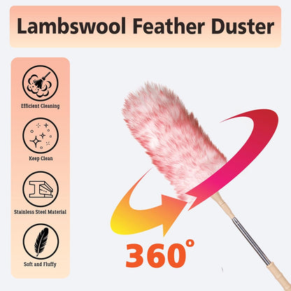 Cedenoo Lambswool Duster Extendable 22–55 Inch Natural Wool Duster with Flexible Head for Ceilings Furniture Blinds Electronics Washable Reusable