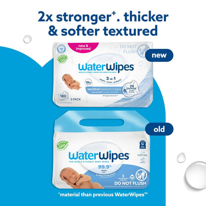 WaterWipes Sensitive+ Newborn & Baby Wipes, 3-In-1 Cleans, Cares, Protects, 99.9% Water, Unscented & Hypoallergenic, 720 Count (12 Packs)