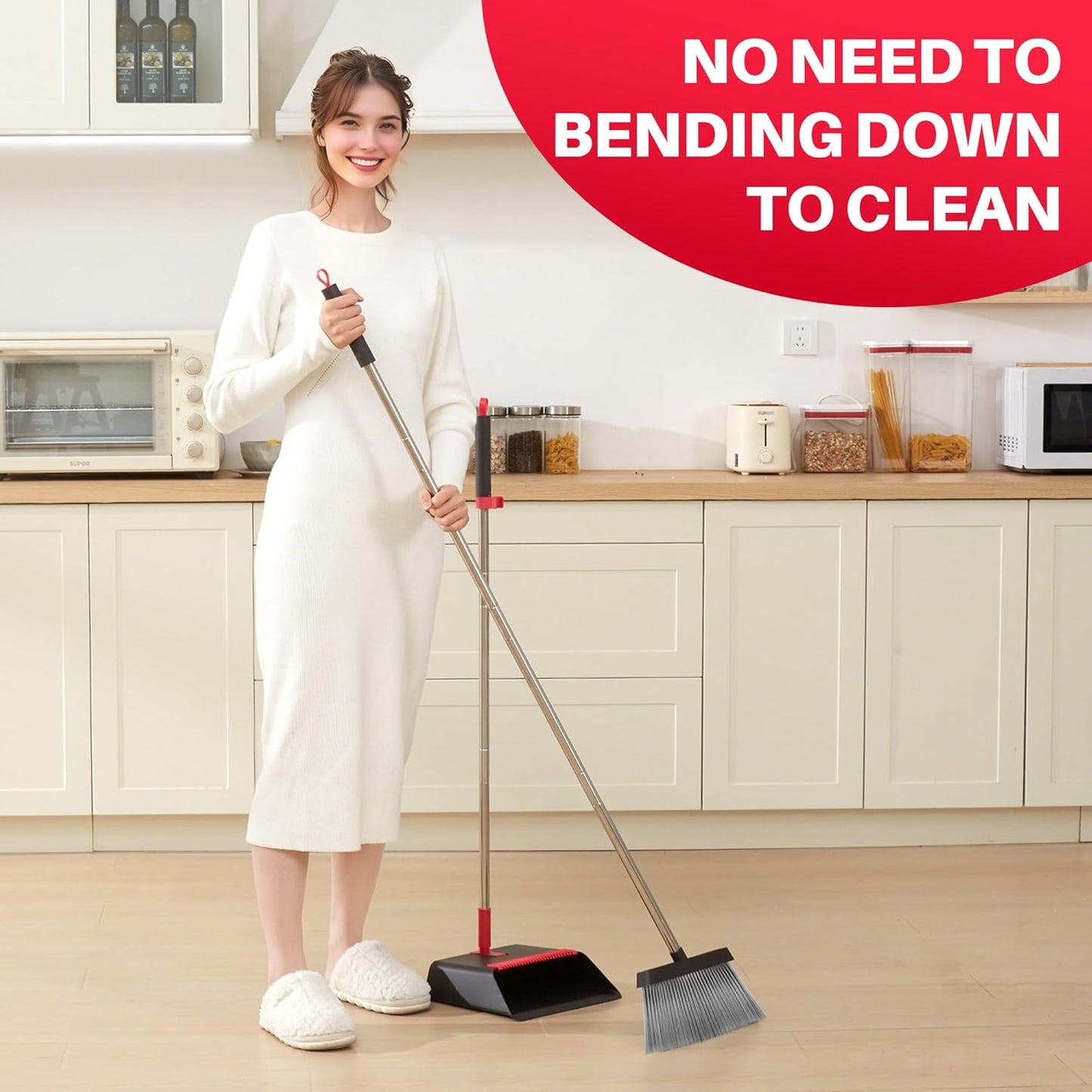 JOYMOOP White Broom and Dustpan Set, Upright Angle Design with Built-in Comb Teeth for Kitchen, Office, Pet Hair, Hard Floors