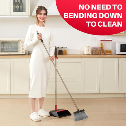 JOYMOOP White Broom and Dustpan Set, Upright Angle Design with Built-in Comb Teeth for Kitchen, Office, Pet Hair, Hard Floors