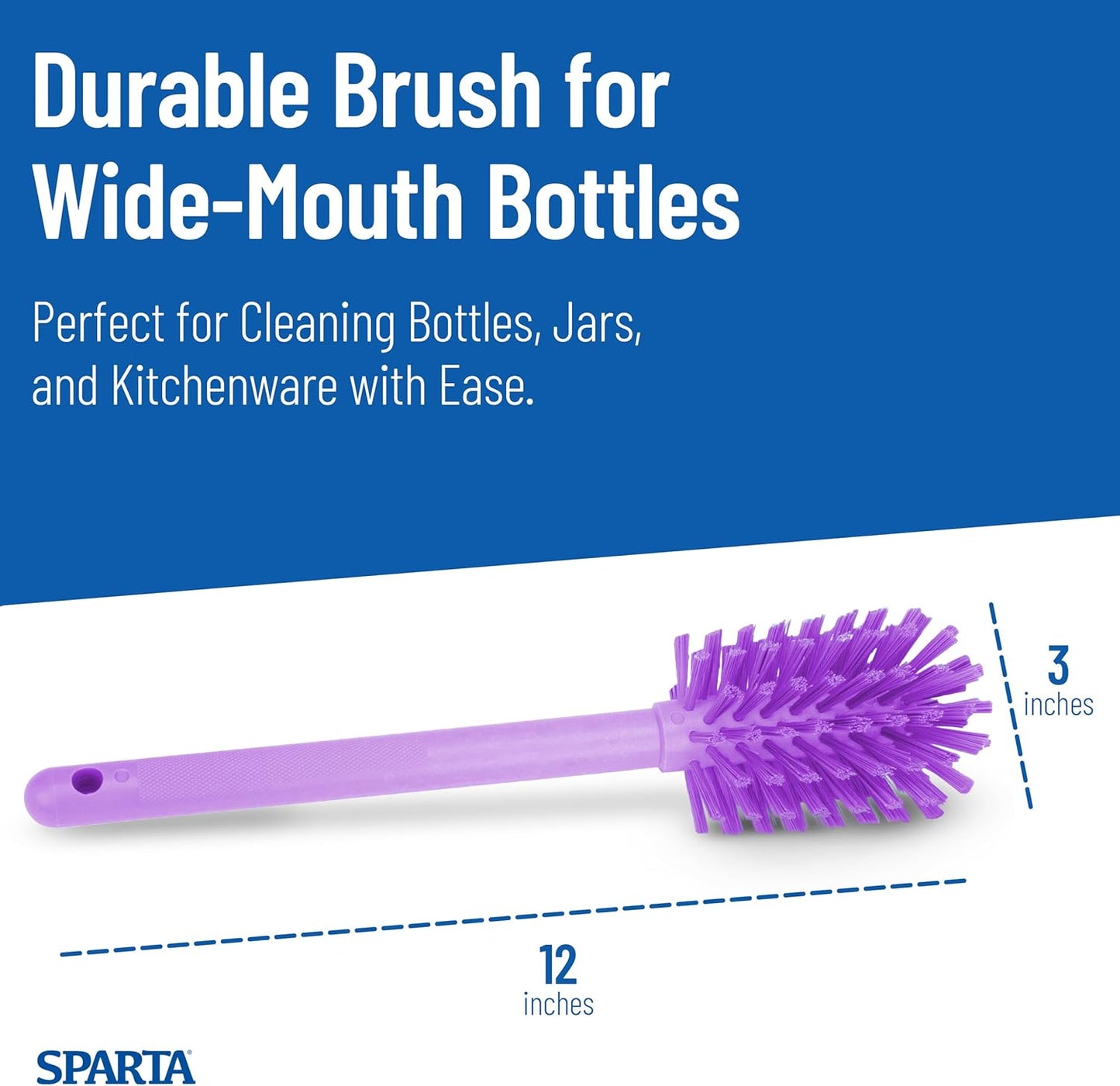 SPARTA Large Water Bottle Brush Ideal for Wide-Mouth Jars, Bottles and Tumblers, Dishwashing Tool with Handle for Home and Commercial Kitchens, Plastic, 12 Inches, White