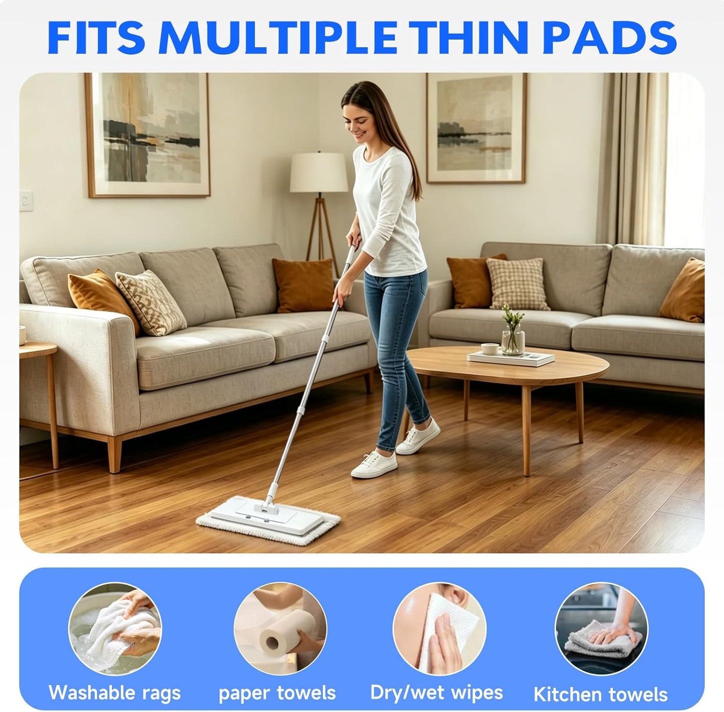 New 2-in-1 Push Clamp Lazy Mop – Hands Free Flat Mops, Swiffer Mops Alternative, Compatible with Most Pads Adjustable Handle, Perfect for Homes with Kids & Pets (Large Flat Mop)