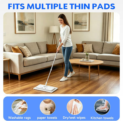New 2-in-1 Push Clamp Lazy Mop – Hands Free Flat Mops, Swiffer Mops Alternative, Compatible with Most Pads Adjustable Handle, Perfect for Homes with Kids & Pets (Large Flat Mop)