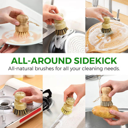 AIRNEX Bamboo Dish Brush Set of 3 - Natural Wooden Dish Scrubber w/Medium Stiff Sisal & Coconut Bristles - Kitchen Scrub Brush for Dishes, Pots & Pans - Plastic Free, Non Scratch Bristles