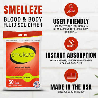 SMELLEZE Vomit Clean Up Powder & Blood Body Fluid Super Absorbent Solidifier Deodorizer: 2 lb. Instantly Absorb & Solidify Urine, Blood & Bio Waste for Medical, Tattoo & Pet Mess Cleanup