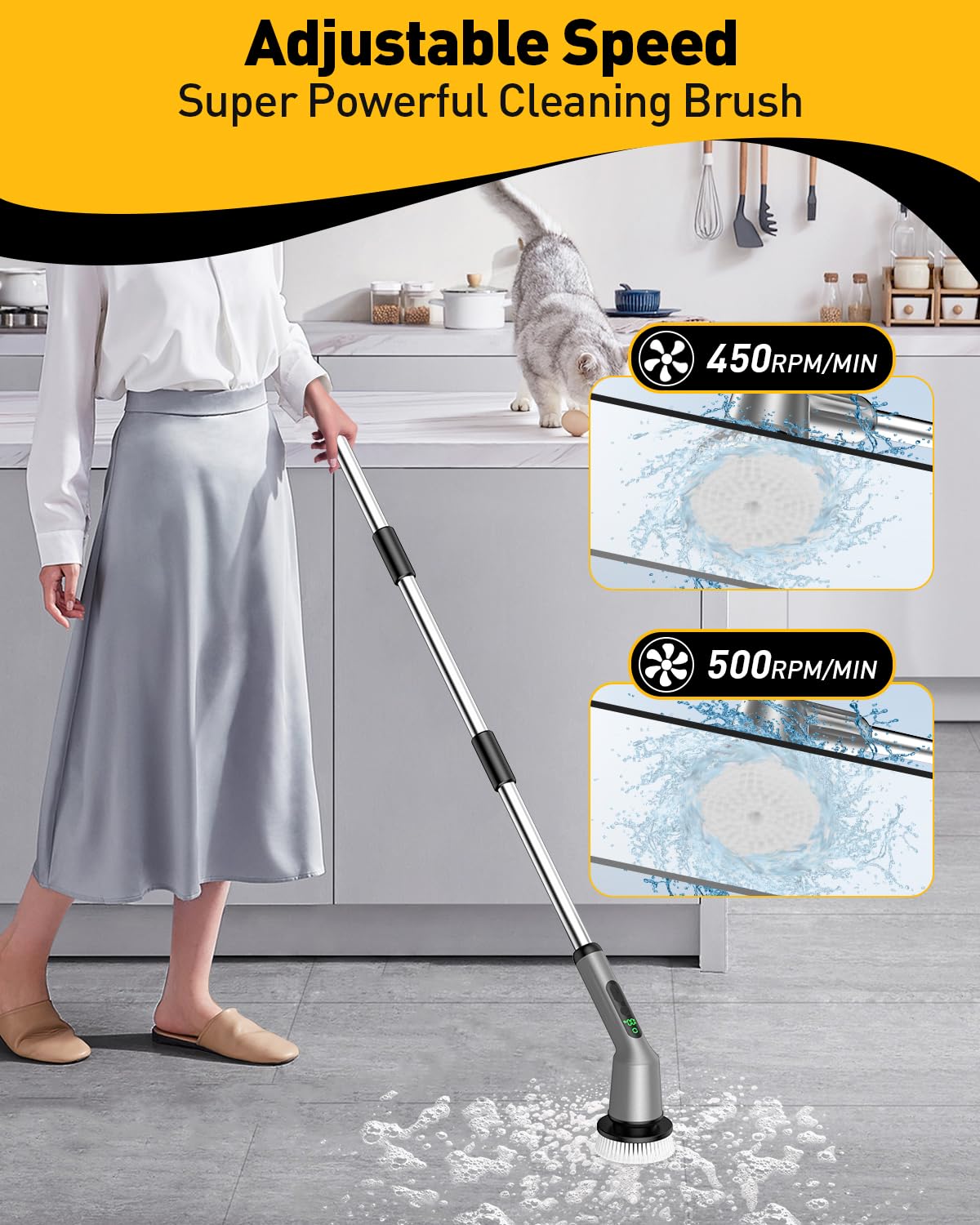 Electric Spin Scrubber for Cleaning Bathroom, Shower Scrubber Cordless Cleaning Brush with IPX7 Waterproof & 2 Speed, 3 Brush Heads, Bathroom Cleaning Supplies for Shower Tub Kitchen Tile Toilet White