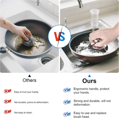 7PCS Steel Wool Scrubber Pads, Stainless Steel Scrubber Set with 1PCS Handle, Metal Scrubbers for Cleaning Kitchen and Household, Dishes, Stoves, Grill, Wash Sink, Pots