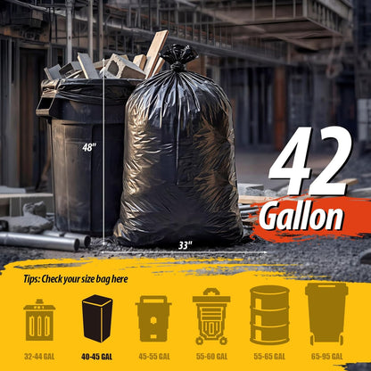 42 Gallon Contractor Garbage Bags - 3.5 MIL Thick Heavy Duty Trash Bags - 33" X 48" Large Black Bag for Construction, Commerical, Industrial, Yard, Outdoor Use (10 Count)