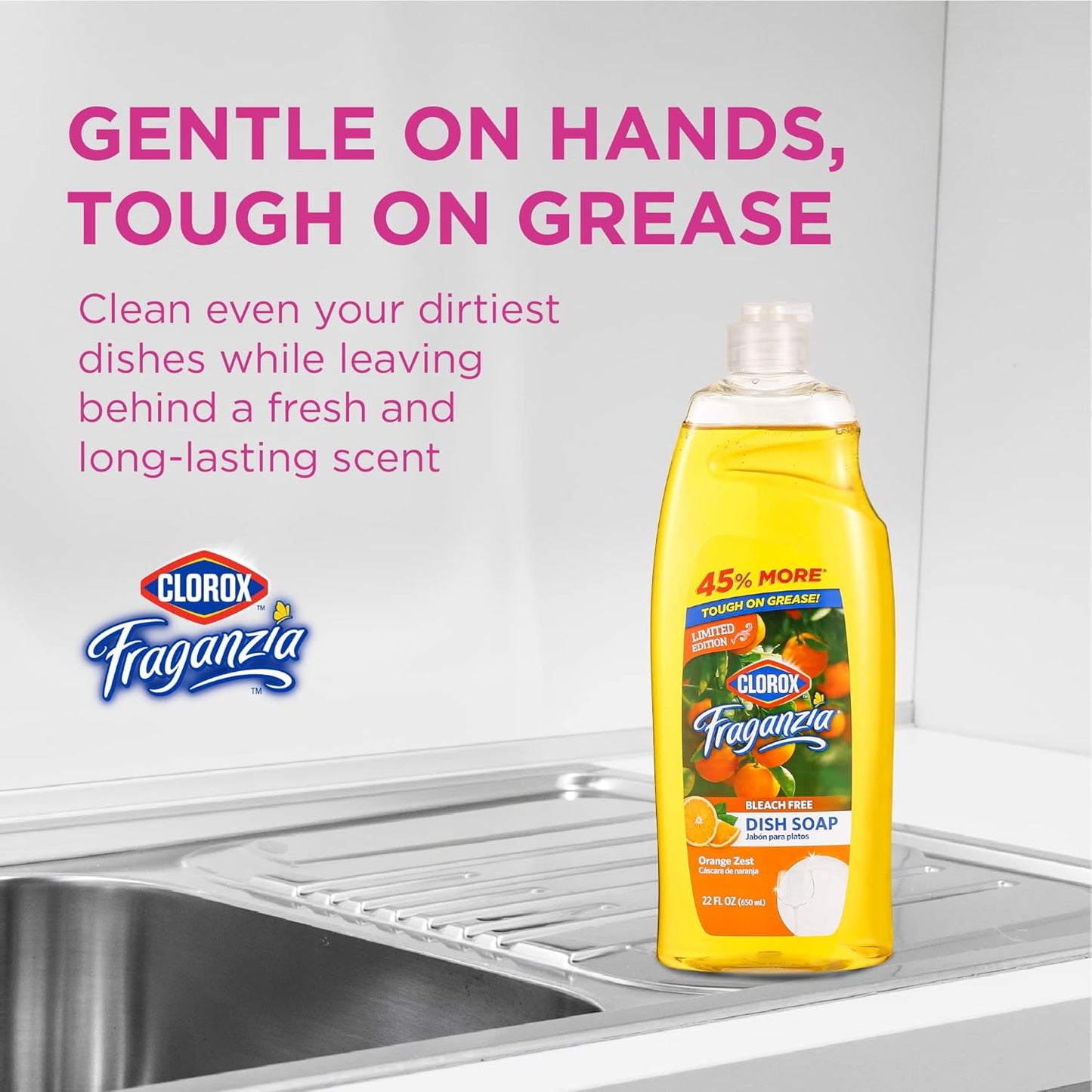 Clorox Fraganzia Liquid Dishwashing Soap, Lavender Scent - Cuts Through Tough Grease Fast, Quick-Rinsing Formula Washes Away Grime, A Powerful Clean You Can Trust, 22 Fl Oz, Pack of 2