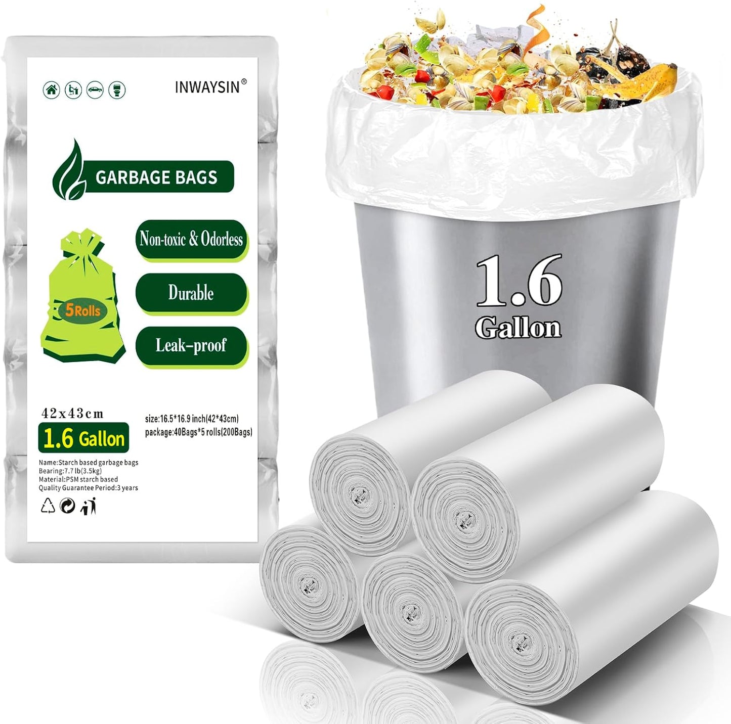 Small Trash Bags, Inwaysin Small Garbage Bags 4-6 Gallon Biodegradable Can Liners Thicken, Size Expanded, White 200 Counts