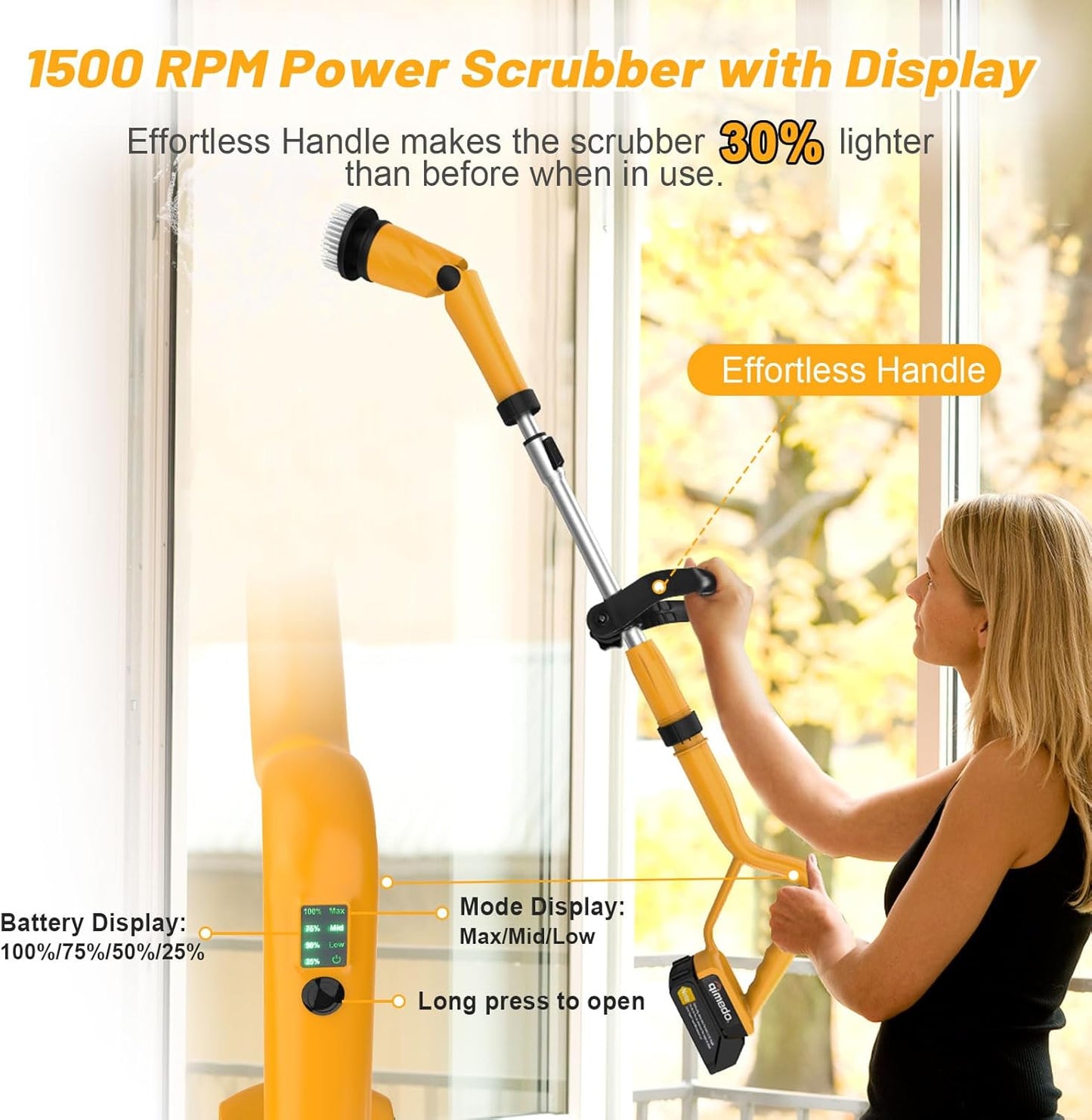 Qimedo Electric Spin Scrubber with Two Batteries Q2 Pro,1500 RPM High Power Electric Scrubber for Cleaning,Shower Cordless Cleaning Brush with Display for Tub/Tile/Floor (Effortless Handle/8 Brushes)