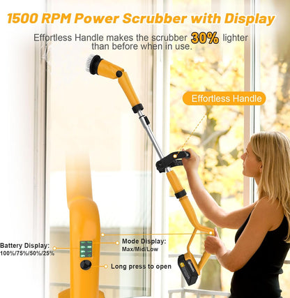Qimedo Electric Spin Scrubber with Two Batteries Q2 Pro,1500 RPM High Power Electric Scrubber for Cleaning,Shower Cordless Cleaning Brush with Display for Tub/Tile/Floor (Effortless Handle/8 Brushes)